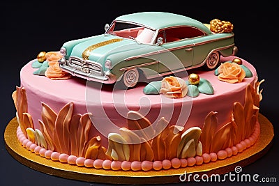 A cake with a car on it has a gold stripe on the top Vintage cakes and desserts AI generation Stock Photo