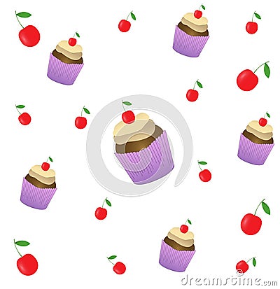 Cake with cherry seamless pattern. Cake sweet dessert for holiday. Vector illustration Stock Photo