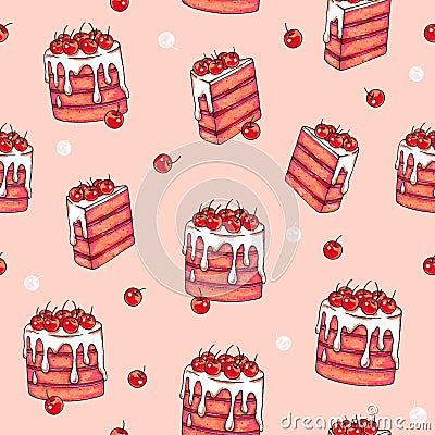 Cake cherry sweet on a pink background. Seamless pattern for design. Animation illustrations. Handwork Cartoon Illustration