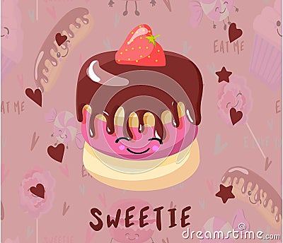 Cake with chocolate icing. postcard to the day of lovers. cupcake character with eyes and smile Stock Photo