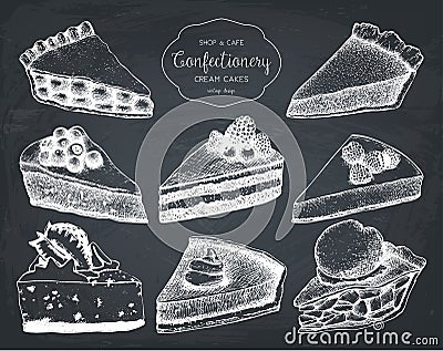 Vector collection of ink hand drawn fruit and berry baking illustration. Vintage design with traditional cake, tart and pie sketch Vector Illustration