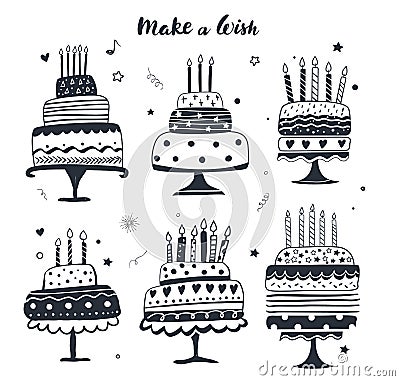 Cake collection, black and white birthday card Vector Illustration