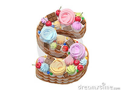 Cake with meringues and cherries font. Letter S. Cartoon Illustration