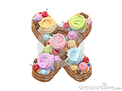 Cake with meringues and cherries font. Letter X. Cartoon Illustration