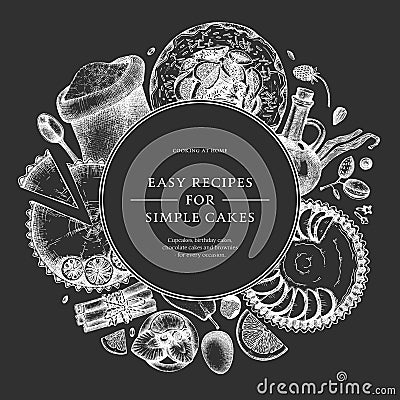 Cake cooking process on chalkboard. Hand drawn baking cakes, pies, dough, kitchen stuff, ingredients design. Home-cooked baking Vector Illustration