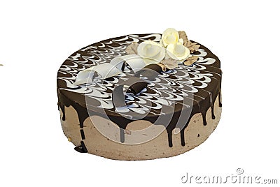 Cake covered with chocolate and decorated with white roses Stock Photo