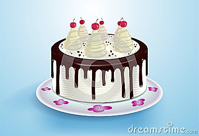 Cake with cream, cocktail cherry and chocolate topping Vector Illustration