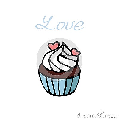 Cake with cream and two hearts isolated on white background. Hand drawn illustration with lettering word Love Cartoon Illustration