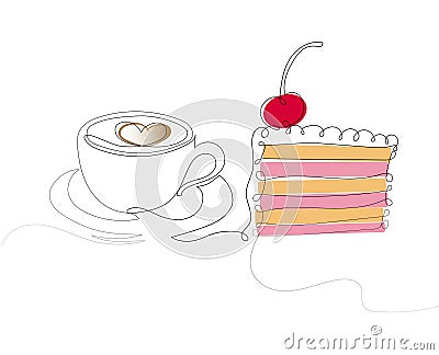 Cake and cup of coffee. One line drawing Vector Illustration