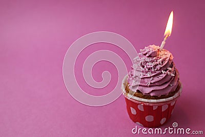 cake cupcake basket with a cap of cream pink lilac with a burned candle. Anniversary 1 year holiday birthday with space Stock Photo