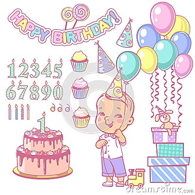 Birthday cake constructor set and happy boy holding balloon. Cartoon Illustration