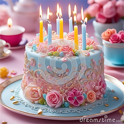 Cake Decorated Nicely On table With Candles AI Generated Stock Photo