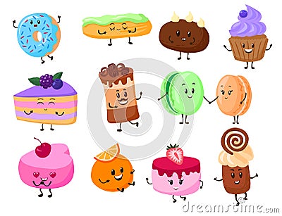 Cake dessert cartoon characters vector illustration. Sweet funny pastry food set. Vector Illustration