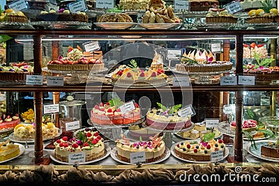 Cake display in a patisserie Stock Photo