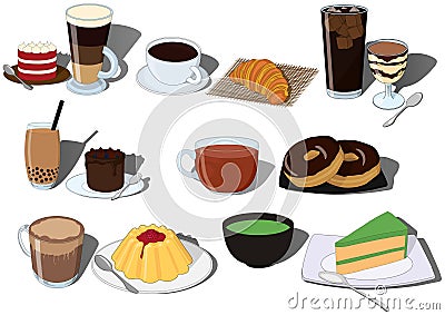 Cake and drink dessert and beverage vector illustration set Cartoon Illustration