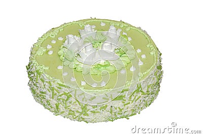 Cake flavored green tea decorated with white flowers Stock Photo