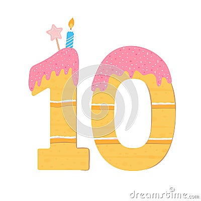 Cake in the form of number 10. Sweet birthday cake, watered with icing and cream Vector Illustration