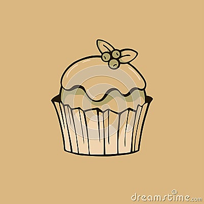 Cake with frosting and blueberries on kraft paper background. Vector Illustration