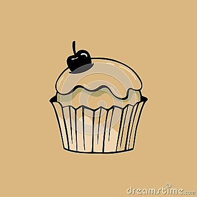 Cake with frosting and cherry on kraft paper background. Vector Illustration