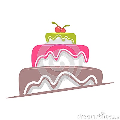 Cake with glaze and cherries logo Vector Illustration