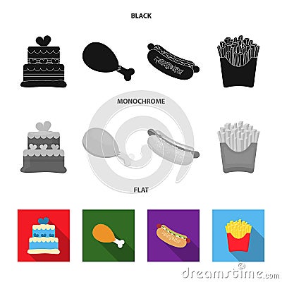 Cake, ham, hot dog, French fries.Fast food set collection icons in black, flat, monochrome style vector symbol stock Vector Illustration
