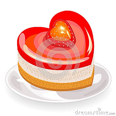 The cake has a heart shape. Exquisite sweetness. Suitable for a romantic meeting, for Valentine s Day, like a valentine. Vector Cartoon Illustration