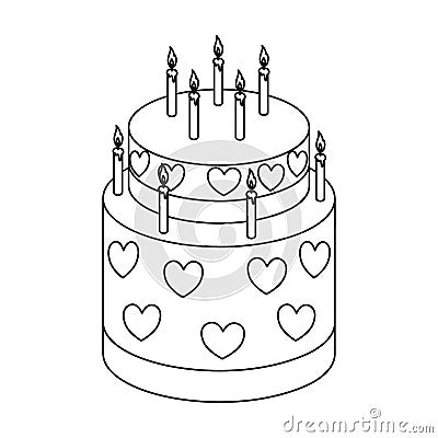 Cake with hearts icon in outline style isolated on white background. Vector Illustration