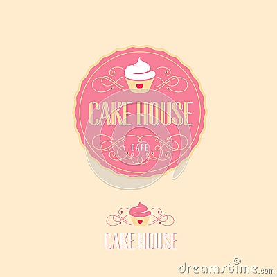 Cake house logo. Baking and bakery emblem. Pink badge with cake and letters. Vector Illustration