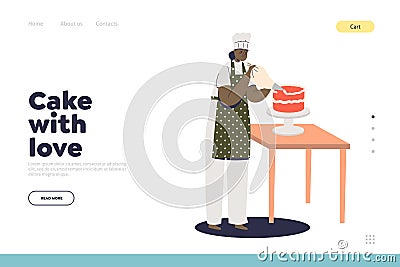 Cake with love, confectionary service landing page with female confectioner decorating holiday cake Vector Illustration