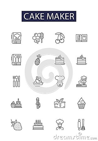 Cake maker line vector icons and signs. Cakemaker, Confectioner, Pastry Chef, Caterer, Decorator, Confection, Icing Vector Illustration