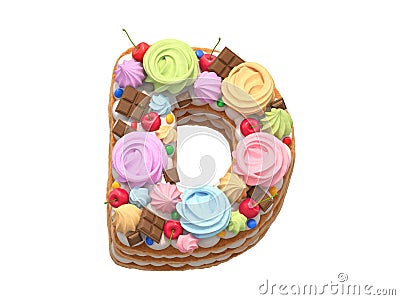 Cake with meringues and cherries font. Letter D. Cartoon Illustration
