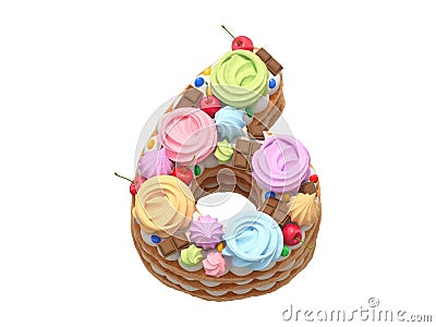 Cake with meringues and cherries font. Number 6. Cartoon Illustration