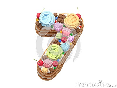 Cake with meringues and cherries font. Number 7. Cartoon Illustration