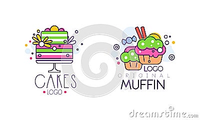 Cake and Muffin Desserts Logo Design Set, Sweet Tasty Food Labels for Bakery, Candy Shop, Cafe Design Cartoon Style Vector Illustration