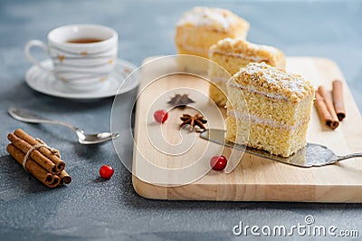 Cake Napoleon, puff pastry, vanilla slice or custard slice, garnished with cranberry Stock Photo