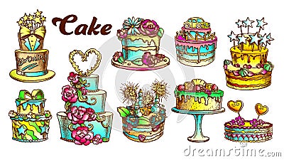 Cake Pie Delicious Collection Retro Set Vector Vector Illustration