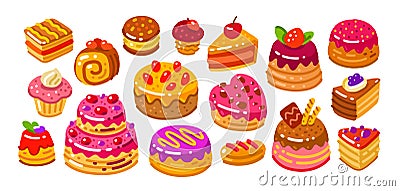 Cake, pie icon collection. Sweet confection dessert set. Bakery concept vector illustration Vector Illustration