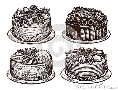Cake, pie set. Dessert, sweet food hand drawn sketch Vector Illustration