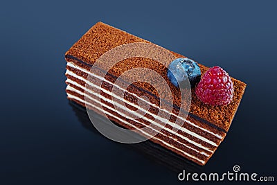 Cake piece chocolate with milk cream and fruits isolated on black background Stock Photo