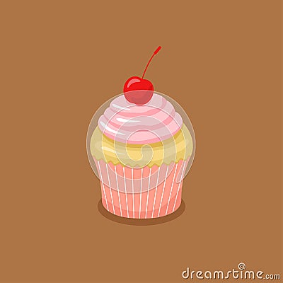 Cake with pink cream and cherry Cartoon Illustration