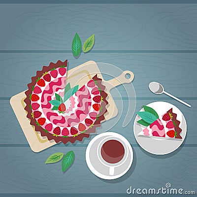 Cake Plate Cup Tea Coffee Wooden Textured Table Celebration Vector Illustration