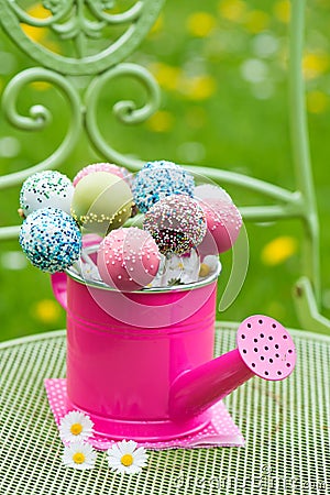 Cake Pops in a little watering can Stock Photo