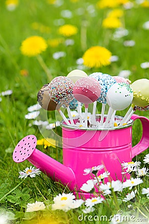 Cake pops in a little watering can Stock Photo