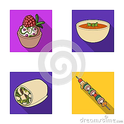 Cake with raspberries, vegetarian soup with greens, sausages from vegetables, skewers of vegetables. Vegetarian dishes Vector Illustration