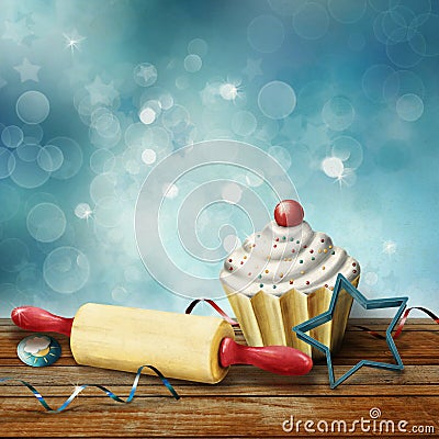 Cake, rolling pin, molds for baking , candy and serpentine on the background bokeh Stock Photo