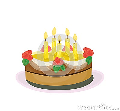 Cake with roses and candles Vector Illustration