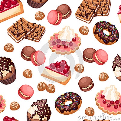 Cake seamless pattern. Gourmet food, donut cream cakes print. Holiday bakery background, candy shop or cafe kitchen Vector Illustration