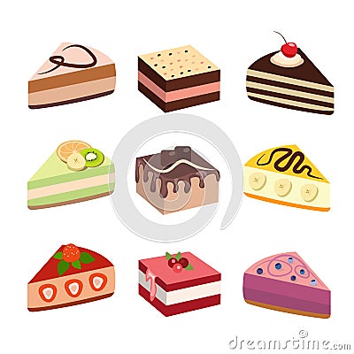 Cake set design collection. Delicious dessert Vector Illustration