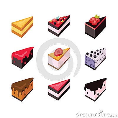 Cake set Isometric flat design web icon collection Delicious dessert Cartoon Illustration