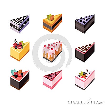 Cake set Isometric flat design web icon collection Delicious dessert Cartoon Illustration